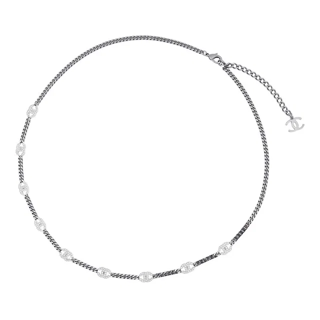 Chanel CC Logo Rhinestone Long Necklace GunmetalB 21 A Metal Rhinestone from GALLERY RARE