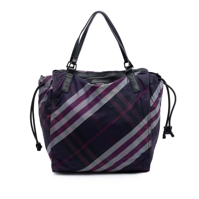 Purple Burberry Supernova Check Nylon Buckleigh Tote in Purple Nylon from Designer Revival
