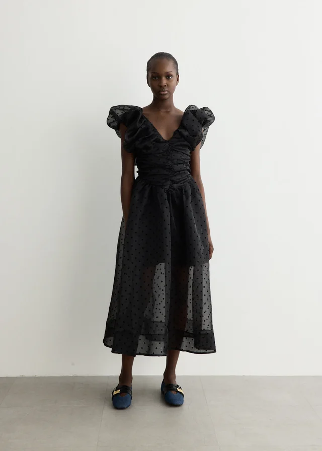 Ganni Black Organza Ruched Dress in Black from Incu, photo 1 of 1