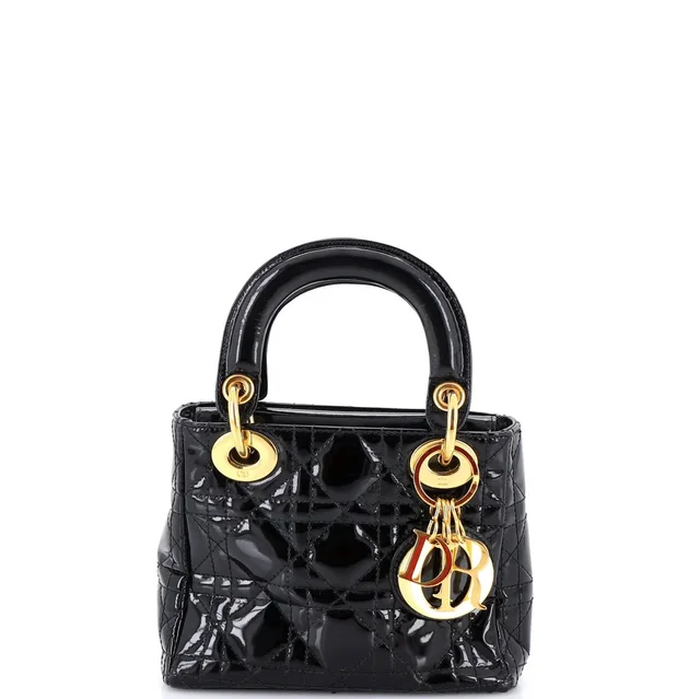 Vintage Lady Dior Bag Cannage Quilt Patent Mini in black Patent leather from Rebag