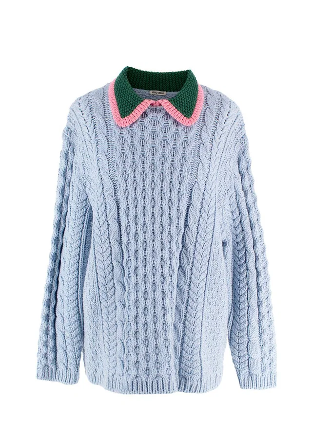 Miu Miu Blue Argyle Knit Jumper with Contrast Collar Detail in Blue Wool from HEWI