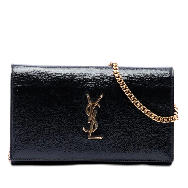 Black Saint Laurent Textured Patent Monogram Kate Wallet on Chain Crossbody Bag in Black Patent leather from Designer Revival
