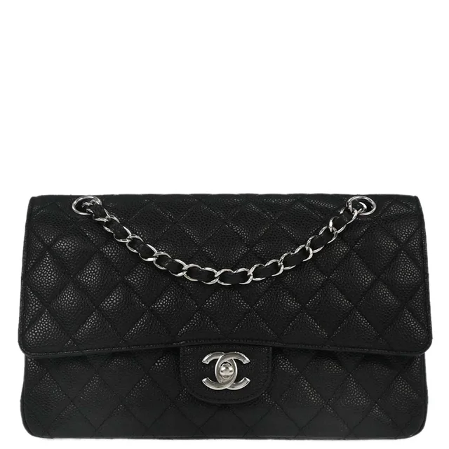 Chanel 2014 Black Caviar Skin Medium Classic Double Flap Shoulder Bag in Black Caviar leather from AMORE Vintage Tokyo