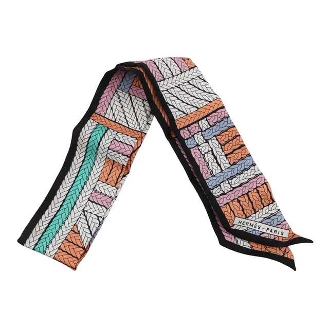 Hermès Twilly TRESSES H Apricot/Black/Rose Silk100% in Black from GALLERY RARE