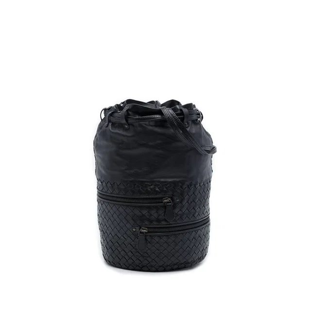 Black Bottega Veneta Nappa Intrecciato Front Zip Drawstring Bucket Bag in Black Nappa leather from Designer Revival