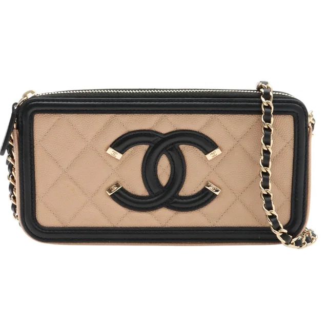 Chanel 2020-era Caviar Skin CC Filigree Pouch Chain Shoulder Bag Beige/Black in Black Caviar leather from VINTAGE QOO TOKYO