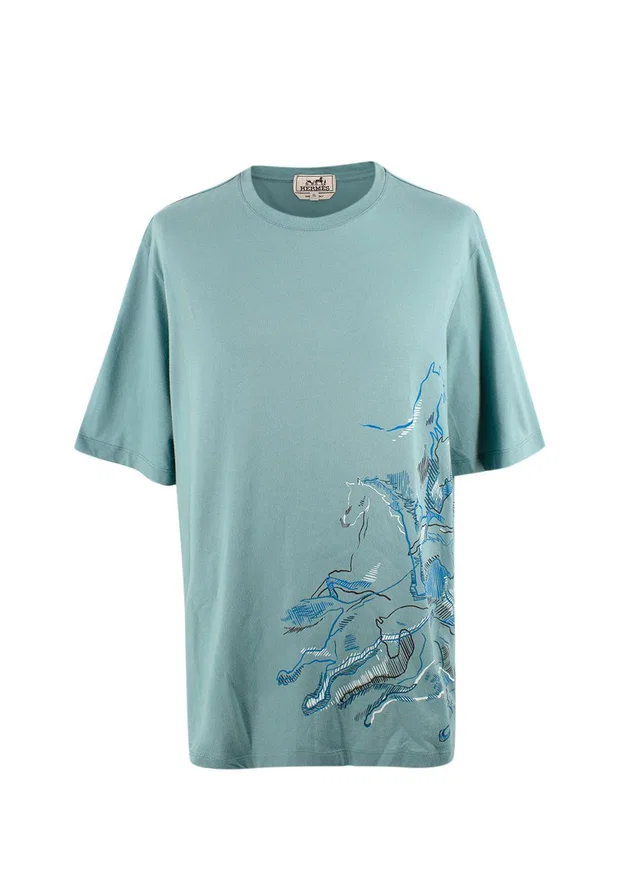 Hermès Teal Horse Print T-Shirt in Blue from HEWI