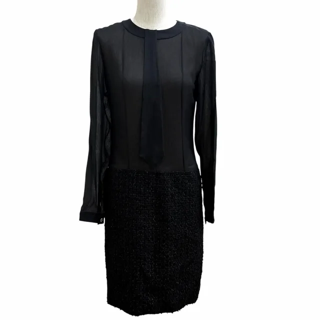 Chanel Wool Blend CC Logo Button Silk Contrast Dress Black 34 in Black Silk from The Reluxe