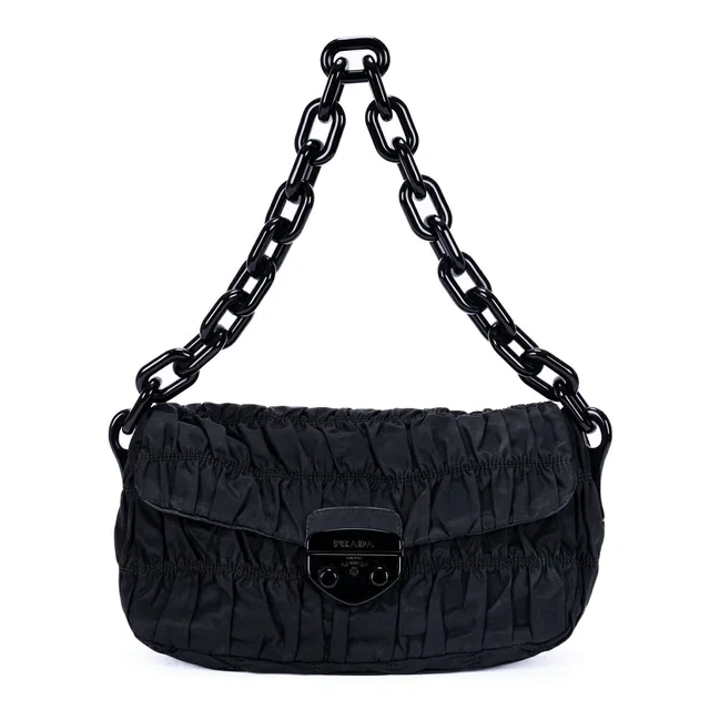 Prada Tessuto Gaufre Chain Bag Black Nylon Canvas in Black Canvas from The Reluxe