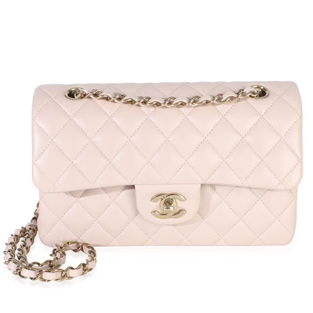 Chanel Light Pink Quilted Lambskin Small Classic Double Flap Bag in Pink Lambskin from myGemma
