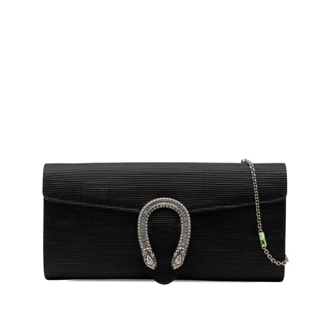 Black Gucci Ribbed Satin Crystal Dionysus Clutch on Chain Shoulder Bag in Black Satin from Designer Revival