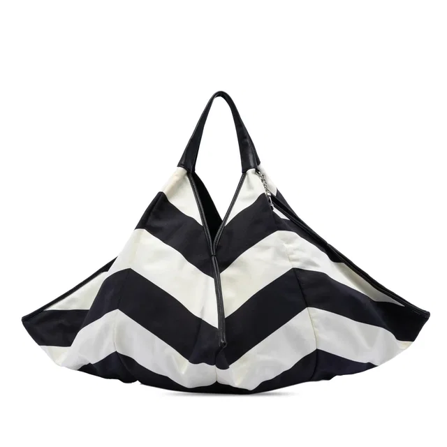 Black Chanel CC Canvas Stripe Tote in Black Canvas from Designer Revival