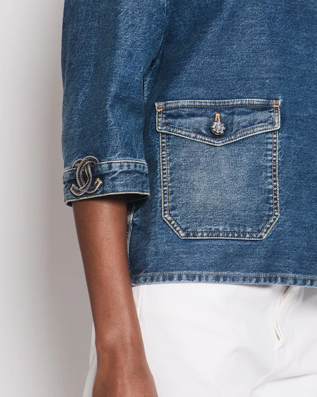 HOT* 24S Chanel Denim Top with CC Logo Embroideries and Crystal Buttons Details Size FR 44 (UK… in Denim from Sellier, photo 3 of 5
