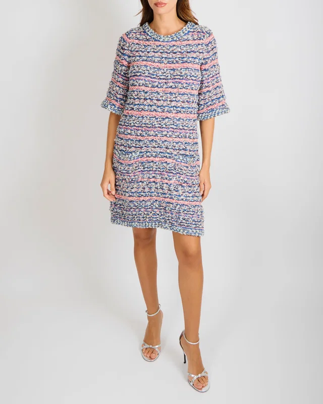Chanel 15C Blue and Pink Knitted Short-Sleeved Mini Dress with Silver Crystal Embellished CC Logo… in Blue Silk from Sellier