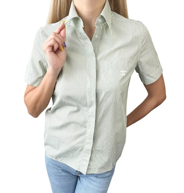 Chanel Vintage 99P CC Logo Striped Shirt #34 Short Sleeve Top Green White Cotton in White from Luxury Promise
