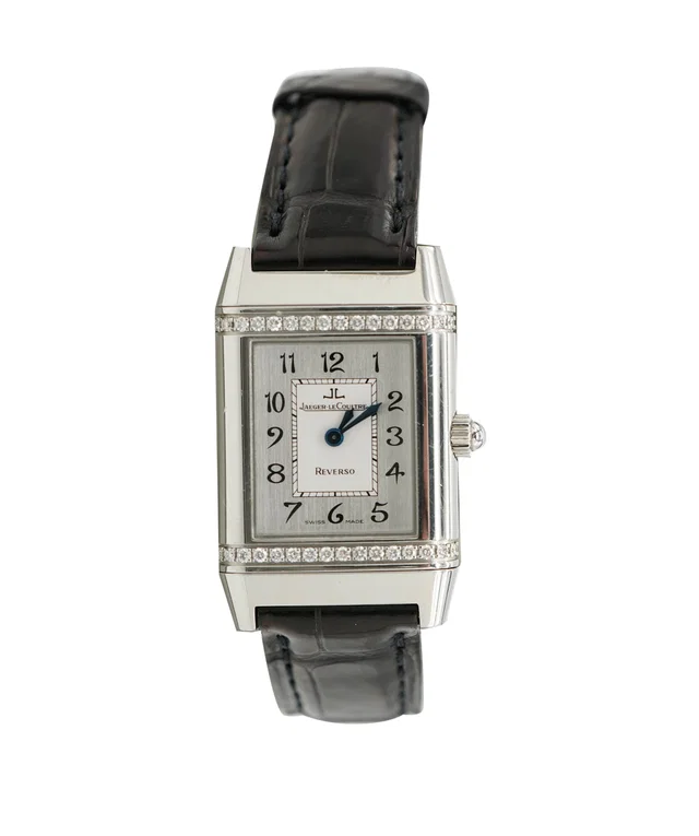 Jaeger-LeCoultre Jaeger Le Coulture Reverso Classic Medium Duetto Silver Dial Diamond Set Black Croc Watch in Black Crocodile from Luxury Promise