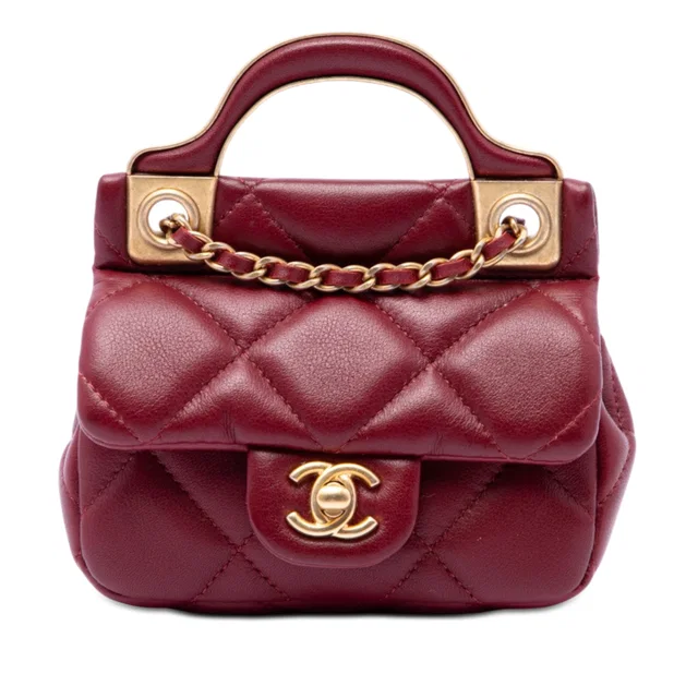 Red Chanel Quilted Calfskin Lady Card Holder with Chain Top Handle Bag Satchel in Red Calfskin from Designer Revival