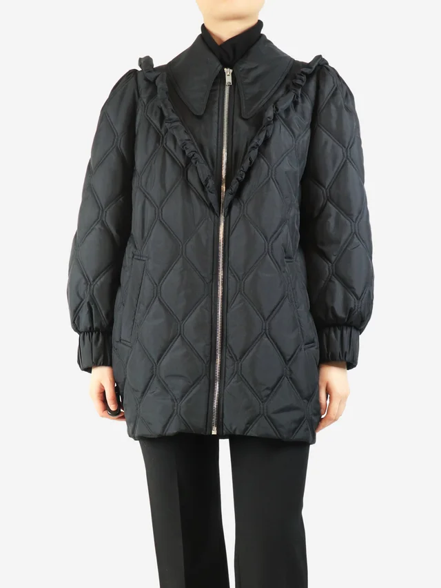 GANNI Black quilted frill jacket - size UK 10 in Black from Sign of the Times