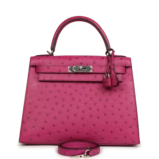 Hermès Kelly Sellier 28 Rose Poupre Ostrich Palladium Hardware in Pink Ostrich from Madison Avenue Couture
