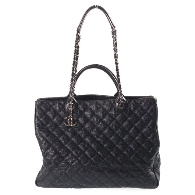 Chanel Quilted Chain 2-Way Tote Shoulder Bag Black Caviar Leather Silver in Black Caviar leather from The Reluxe