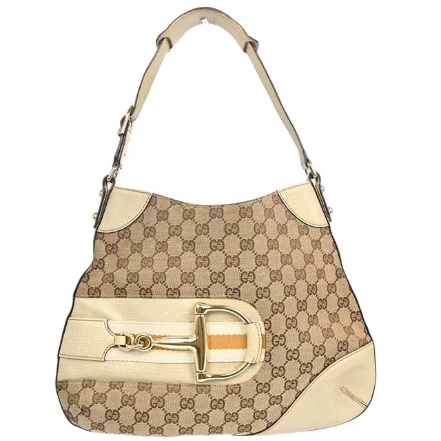 Gucci Beige Canvas GG Horsebit Shoulder Bag in Beige Canvas from AMORE Vintage Tokyo