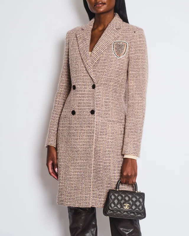 Dior Pink, Burgundy Wool Tweed Coat with Embellished Patch Work Logo Size FR 40 (UK 12) in Burgundy Tweed from Sellier