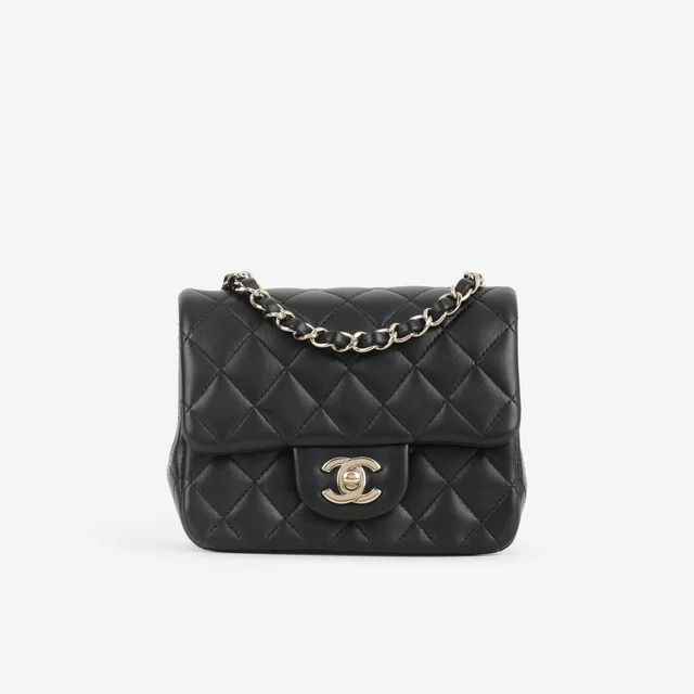 Chanel Mini Square - Black Lambskin | Champagne Gold Hardware in Black Lambskin from Bagista