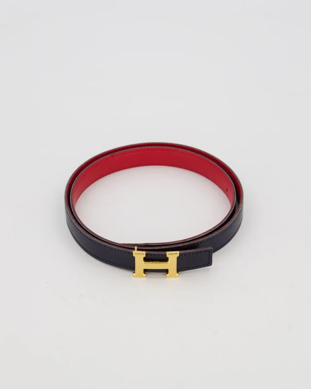 Hermès Au Carré Reversible Belt in Bleu Navy with Rouge De Coeur Interior and Gold H Buckle 75cm in Red Leather from Sellier, photo 2 of 4