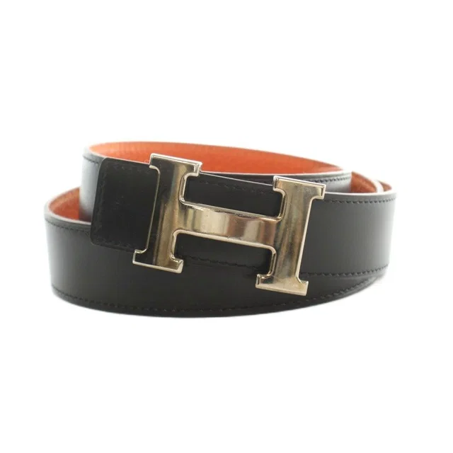 Hermès Constance Belt Reversible Leather 80 Black Orange in Black Leather from The Reluxe