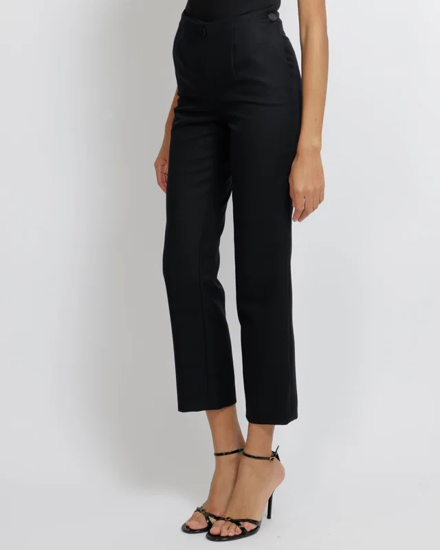 Chanel Black Wool Trousers with Front Flap Detail and Back Crystal Embellished CC Logo Detail Size FR… in Black Wool from Sellier