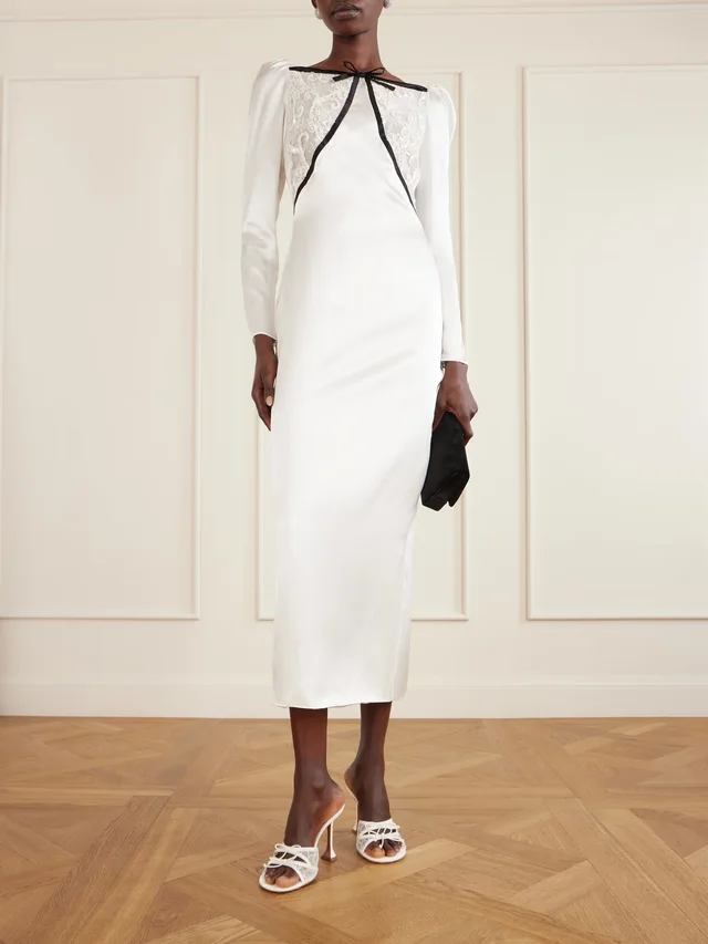 ALESSANDRA RICH Bow-detailed silk-satin and sequin-embellished lace midi dress in White, photo 2 of 2 from NET-A-PORTER (Canada)