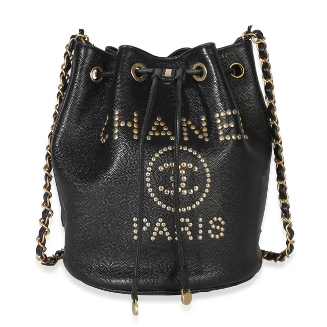 Chanel Black Caviar Studded Deauville Drawstring Bucket Bag in Black Caviar leather from Luxury Promise