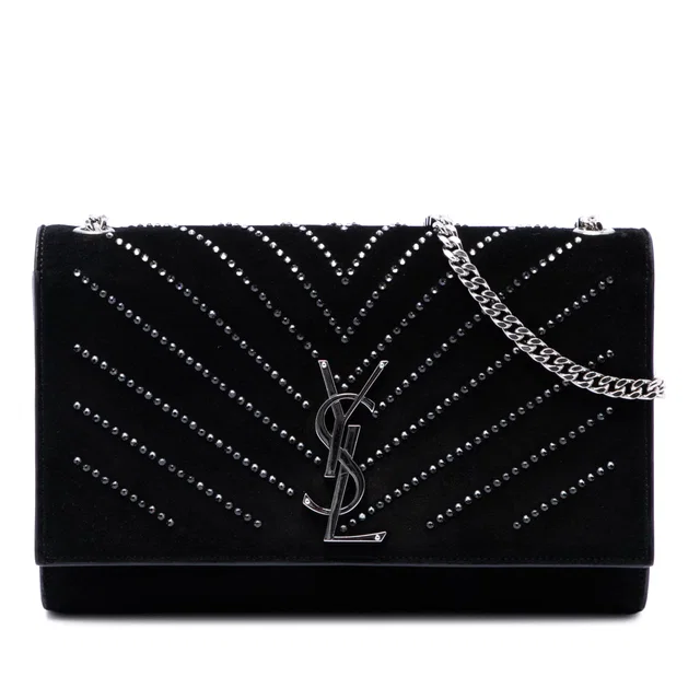 Black Saint Laurent Suede Crystal Monogram Kate Crossbody in Black Suede from Designer Revival