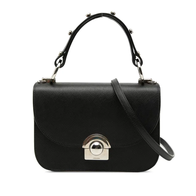 Black Prada Saffiano Lux Arcade Satchel in Black Saffiano leather from Designer Revival