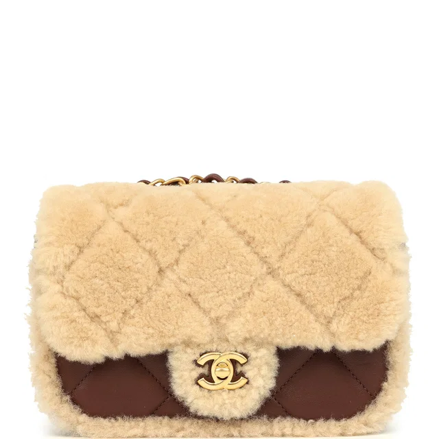 Chanel Mini Shearling Flap Bag Brown Lambskin Brushed Gold Hardware in Brown Lambskin from Madison Avenue Couture