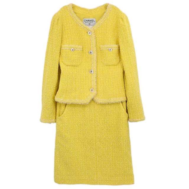 Chanel 1997 Setup Suit Jacket Skirt Tweed Yellow #36 in Yellow Tweed from AMORE Vintage Tokyo