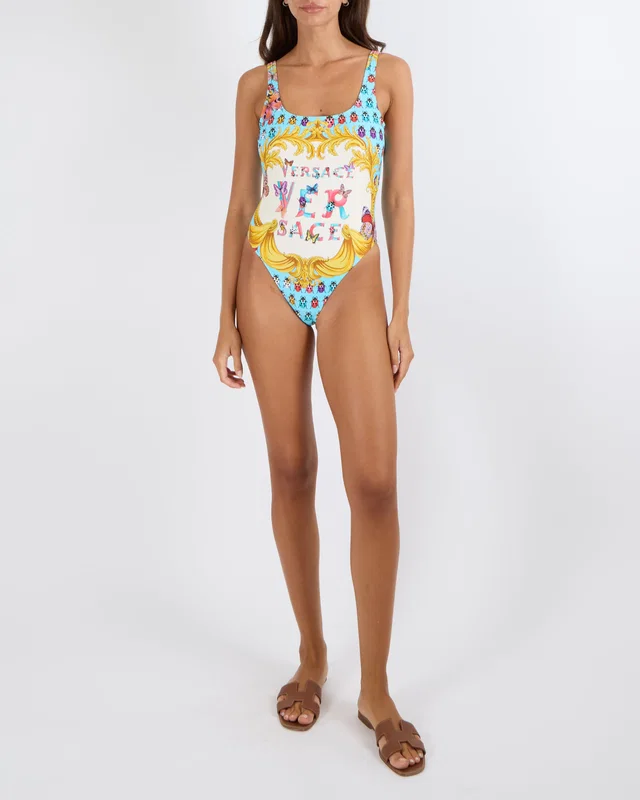 Versace La Vacanza Light Blue La Vacanza One-Piece Swimsuit with Multi-Colour Ladybug and Butterfly… in Blue from Sellier