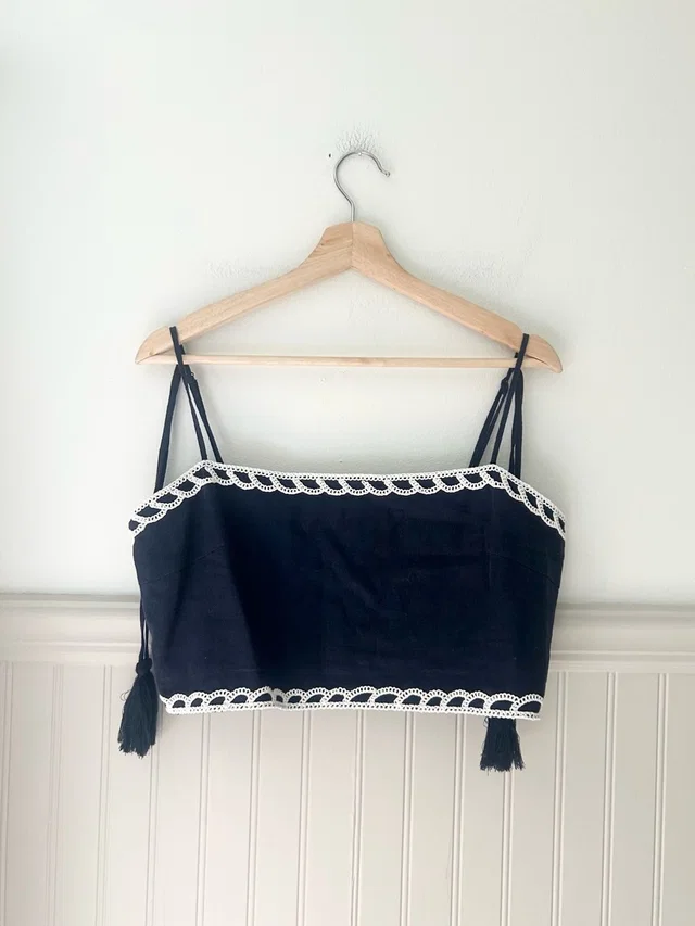 Christian Lacroix Large Navy Blue Cropped Cami White Crochet Trim Tassels in blue|white from Poshmark