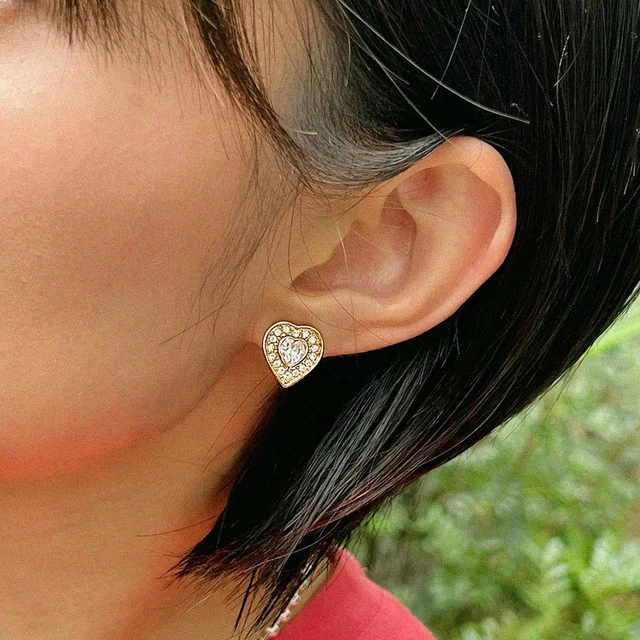 Dior Rhinestone Heart Motif Earrings Gold in Gold from VINTAGE QOO TOKYO