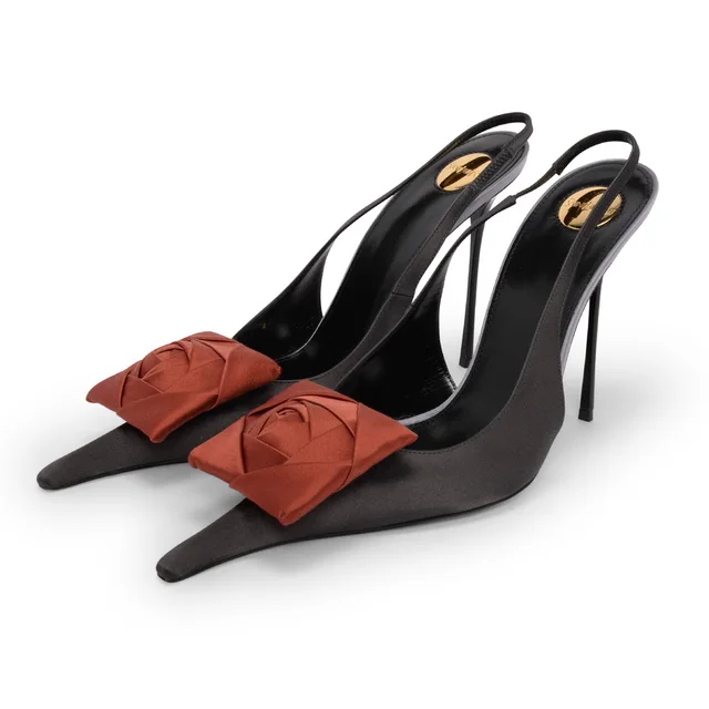 Saint Laurent Crepe Amalia Embellished Slingback Pumps 41 in Charcoal Satin from Blue Spinach