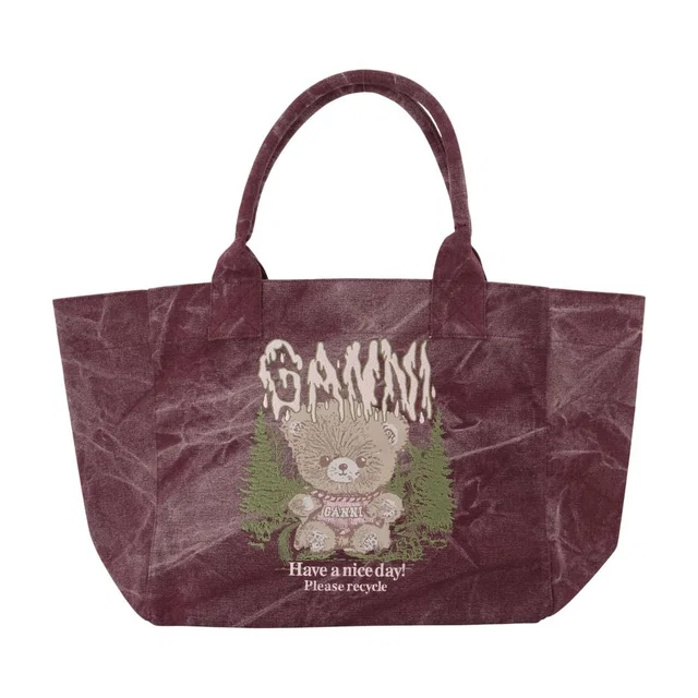 GANNI Printed Cotton Tote Bag — Burgundy in Burgundy Woven leather from HEWI