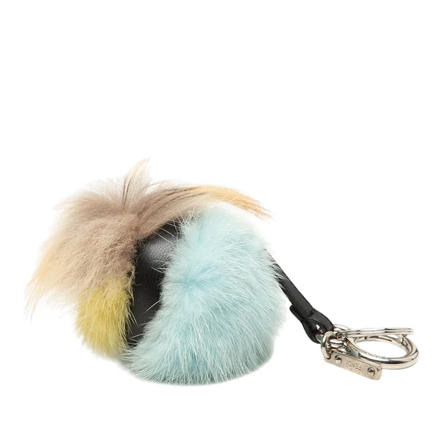 Blue Fendi Tricolor Fur Monster Bug Key Chain and Bag Charm in Blue Leather from Designer Revival