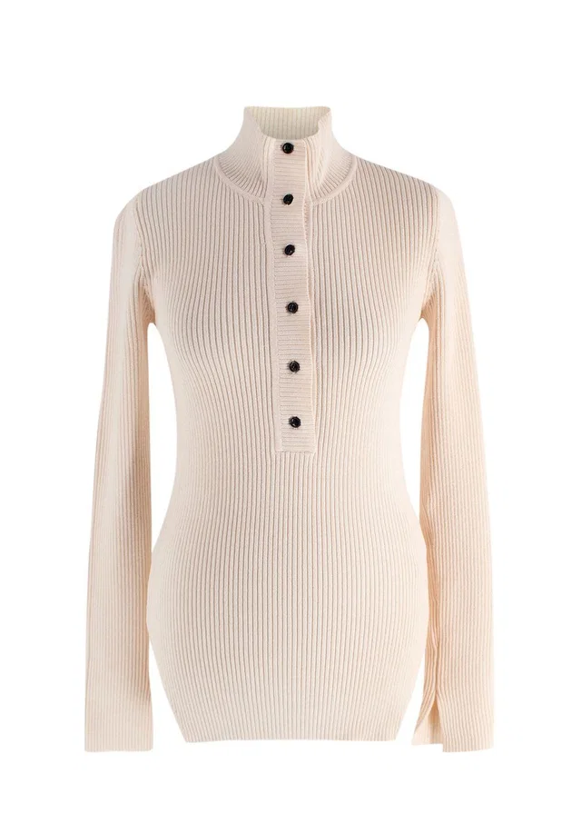 GANNI Cream Ribbed Melange Polo Knit Top in White from HEWI