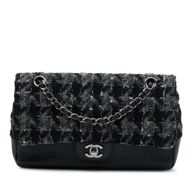 Black Chanel Medium Classic Tweed and Caviar Double Flap Shoulder Bag in Black Caviar leather from Designer Revival
