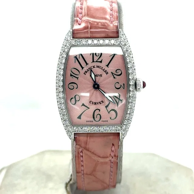 Franck Muller Cintree Curvex Diamond Pink Dial Ladies Watch 1752 QZ in blue|pink|white|gold|black Leather from Jomashop.com