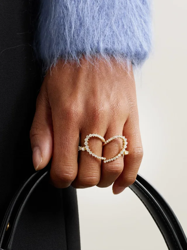 YVONNE LÉON Double Bague Coeur set of two 18-karat gold diamond rings in Metallic, photo 2 of 2 from NET-A-PORTER (Canada)