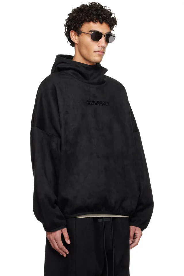 Fear of God ESSENTIALS Black Holiday Faux-Suede Fleece Modern Hoodie, photo 2 of 4 from SSENSE
