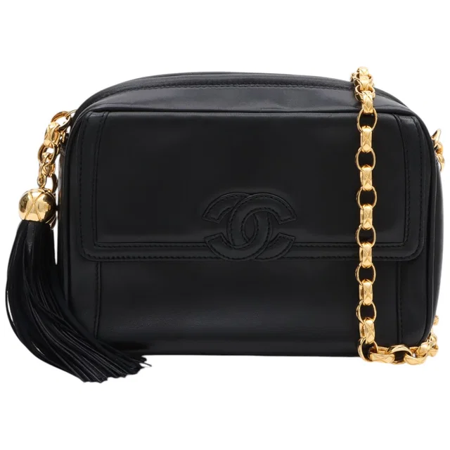 Chanel Circa 1992 CC Mark Stitch Tassel Bijoux Chain Shoulder Bag Black in Black Lambskin from VINTAGE QOO TOKYO