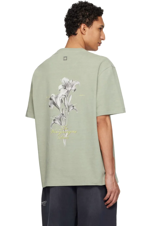 WOOYOUNGMI Khaki Flower Back Logo T-shirt, photo 3 of 4 from SSENSE