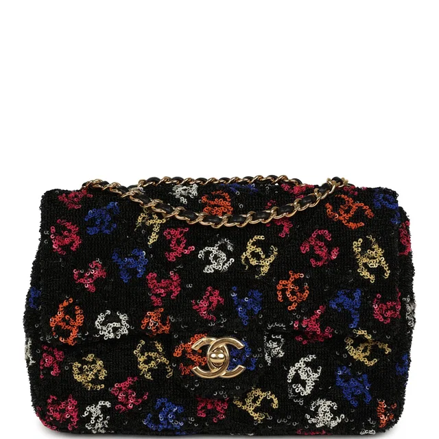 Chanel Mini Rectangular Flap Bag Black, Multi Sequin Gold Hardware in Black Leather from Madison Avenue Couture
